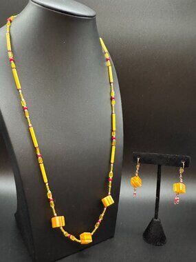 Necklace and Pierced Earrings Set Millefiori Yellow Glass Beads 26 inches